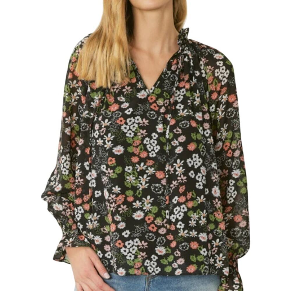 Entro USA S NEW Womens Flower Ruffle Top Black Floral Boho Peasant Cottage